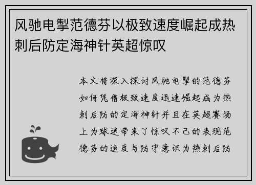 风驰电掣范德芬以极致速度崛起成热刺后防定海神针英超惊叹