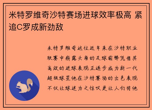 米特罗维奇沙特赛场进球效率极高 紧追C罗成新劲敌 米特罗维奇沙特赛场进球效率极高 紧追C罗成新劲敌