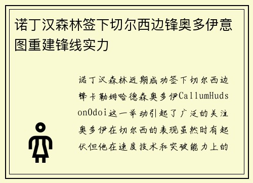 诺丁汉森林签下切尔西边锋奥多伊意图重建锋线实力 诺丁汉森林签下切尔西边锋奥多伊意图重建锋线实力