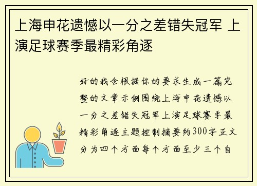上海申花遗憾以一分之差错失冠军 上演足球赛季最精彩角逐 上海申花遗憾以一分之差错失冠军 上演足球赛季最精彩角逐