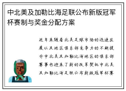 中北美及加勒比海足联公布新版冠军杯赛制与奖金分配方案 中北美及加勒比海足联公布新版冠军杯赛制与奖金分配方案