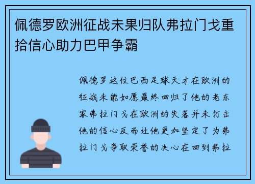 佩德罗欧洲征战未果归队弗拉门戈重拾信心助力巴甲争霸 佩德罗欧洲征战未果归队弗拉门戈重拾信心助力巴甲争霸